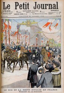 Bezoek van de koning en koningin van Italië aan Frankrijk. De koning en koningin van Italië in Frankrijk. Promenade op de boulevards met de president van de Franse Republiek Emile Loubet - Illustratie voor Le Petit Journal, 25 oktober 1903 - Victor Emmanue door French School