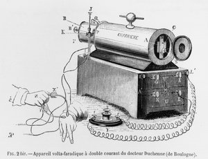 Volta Faradisch Apparaat gebruikt door Guillaume Benjamin Duchenne de Boulogne (1806-75) illustratie uit Mecanisme de la Physionomie humaine ou analyse electrophysiologique des passions door Duchenne de Boul door French School