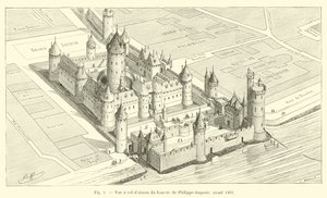 Vogelvluchtzicht op het Louvre van Philippe-Auguste, voor 1362