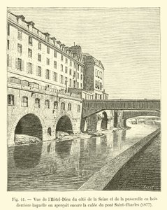 Uitzicht op het Hotel-Dieu vanaf de kant van de Seine en de houten loopbrug waarachter nog de pijler van de Saint-Charles brug te zien is, 1877 door French School