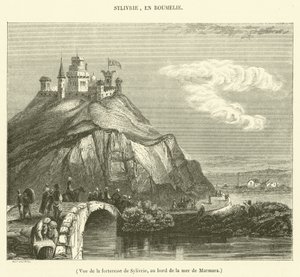 Gezicht op het fort van Sylivrie, aan de kust van de Zee van Marmara (gravure)