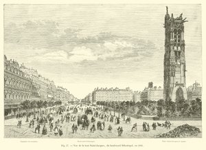 Zicht op de Saint-Jacques toren, vanaf de boulevard Sébastopol, in 1866 door French School