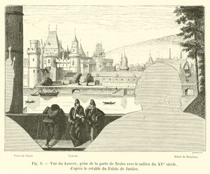 Zicht op het Louvre, vanaf de poort van Nesles rond het midden van de 15e eeuw, naar het altaarstuk van het Paleis van Justitie