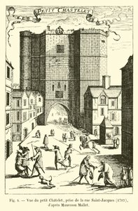 Zicht op het kleine Chatelet, vanaf de rue Saint-Jacques, 1702, naar Manesson Mallet