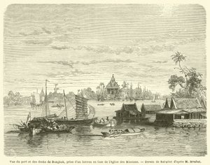 Uitzicht op de haven en dokken van Bangkok, genomen vanaf een boot tegenover de kerk van de Missies door French School