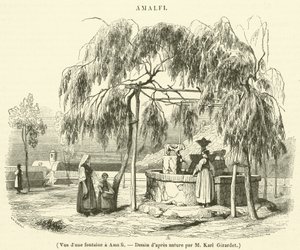 Gezicht op een fontein in Amalfi (gravure)