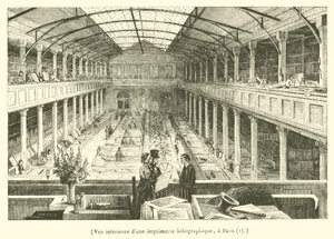 Binnenaanzicht van een lithografische drukkerij in Parijs (gravure) door French School