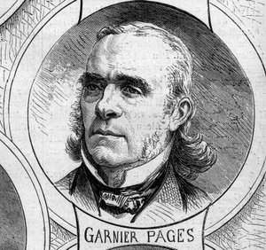 Oorlog van 1870 - Regering van de Nationale Defensie: portret van Louis Antoine Garnier Pages (Garnier-Pages) (1803-1878), lid van de voorlopige regering van 1870. Gravure in "Le Monde Illustré" n°706 van 22 oktober
