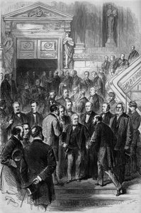 Oorlog van 1870: President van de Raad Adolphe Thiers (1797-1877) ontving de felicitaties van de afgevaardigden bij zijn vrijlating uit de Nationale Vergadering die op 19 februari 1871 in Bordeaux bijeenkwam. Hij kreeg net de investituur van zijn regering.