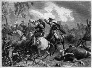 Oorlog van de Vierde Coalitie 1806 - 1807 - Prins Louis Ferdinand van Pruisen dodelijk gewond tijdens gevechten met invallende Engelse cavalerie in de Slag bij Saalfeld tijdens de Napoleontische Oorlogen