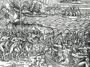 Oorlogsscène, Brazilië, illustratie uit "Singulariteiten van Frankrijk Antarctique", door Andre de Thevet, 1558 door French School