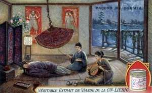 Manieren om te slapen: Japanse slaapkamer. Liebig verpakkingschromolithografie door French School
