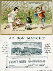 Wat een geluk! een fles champagne; voor- en achterkant van een promotiekaart voor de Bon Marché warenhuizen in Parijs, c.1895 door French School