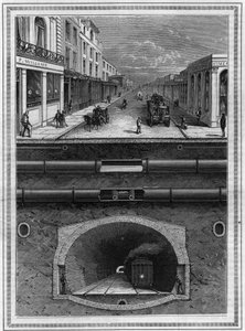 Wat er onder de bestrating van Londen (Groot-Brittannië) ligt: gasleiding, waterleiding, pneumatische buis voor afval, riolen, tunnel en spoorlijn voor stedelijke gebieden. Gravure in 