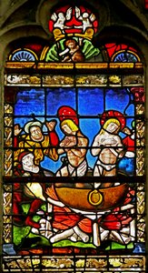 Raam met Sint Crepin en Sint Crepinien: het martelaarschap (glas-in-lood) door French School