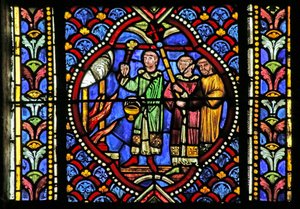 Raam met een scène uit het leven van Sint Artheme: Een brand in de stad Clermont vereist de verplaatsing van de relieken van de heilige. Een processie draagt het reliekschrijn en arriveert bij de brand door French School