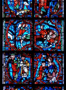 Raam met scènes uit de Kindertijd van Christus, inclusief de wijzen die in hun slaap worden gewaarschuwd, en de wijzen met de Maagd en het Kind door French School