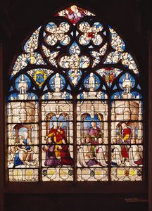 Raam dat de Maagd en het Kind met St. Johannes de Doper uitbeeldt, St. Pieter die Pierre Tullier en zijn vrouw presenteert, St. Johannes die Jehan, Francois en Pierre Tullier presenteert en St. Jacobus die vier presenteert