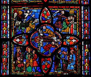 Raam met de tweede sectie van raam w7: in het midden is de kruisiging van St. Petrus; elders is St. Petrus voor Nero; St. Petrus gevangen; de duivel neemt een ziel door French School