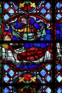 Raam w04 met de Liefdadigheid van St. Martinus: hij verdeelt zijn mantel en deze wordt teruggegeven door Christus door French School