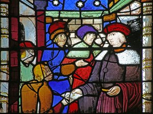 Raam w10 met St. Augustinus schrijft een brief waarin hij Bonifatius berispt voor het rebelleren tegen het Romeinse gezag