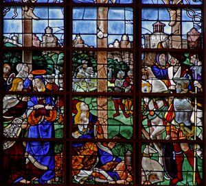 Raam w11 met afbeelding van de kruisiging - de scène aan de voet van het kruis