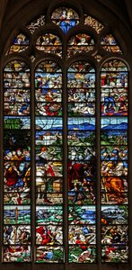 Raam w124 met Abraham en Melchisedek; St. Jacob in gevecht met de Moren in Spanje; scènes uit het leven van St. Jacob