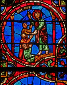 Raam w12 met een scène uit de legende van St. Johannes: de heilige en de vergiftigde beker: St. Johannes overleeft en wekt de 3 vergiftigde mannen tot leven