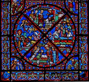 Raam w15 met het verhaal van de relieken van St. Stefanus: het onderste deel van het raam door French School