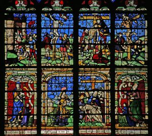 Raam w19 met de Kruisiging, Afdaling en Pietà