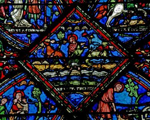 Raam w21 met een scène uit het leven van St. Eustache: zijn kinderen worden meegenomen door wilde dieren