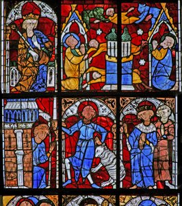 Raam w221 met een scène uit het leven van St. Peter: Simon Magus probeert te vliegen; verandert zichzelf in een schaap door French School