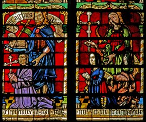Een schenker - Jean Corart en vrouw met St. Johannes de Doper en St. Catharina
