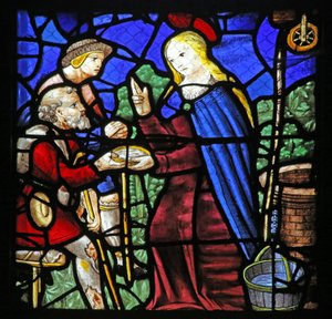 Raam w24 met St. Genevieve geeft een melaatse te drinken door French School