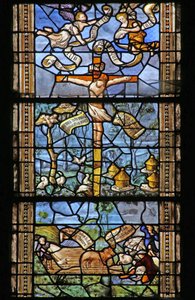 Raam w26 met Christus aan het kruis omringd door door Vergilius geïnspireerde landelijke taferelen. Raam geschonken door Thomas Mangin door French School