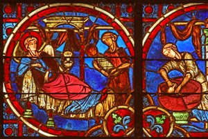 Ruit w2 met de geboorte van Christus met vroedvrouwen