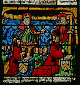 Raam w3 met schenkers - Henriette de Mauroy en Simon Liboron met hun kinderen en patroonheiligen St. Hendrik en Simon van Cyrene door French School