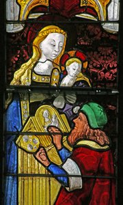 Raam w4 met St. Lucas die de Maagd Maria schildert