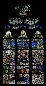 Raam w9 met de gebeurtenissen in Simons huis: Maria Magdalena wast de voeten van Christus door French School