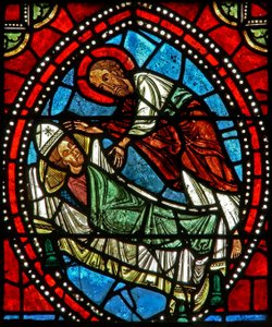 Raam wXX met St. Paulus die in een droom aan St. Ambrosius de overblijfselen van St. Gervais en St. Protais onthult