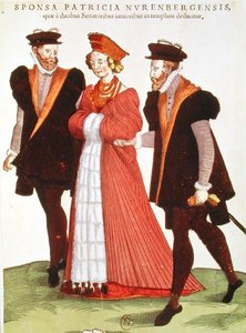 Vrouw uit Neurenberg begeleid naar de tempel door twee senatoren, 1572
