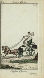 Vrouw met Grieks kapsel die een koets bestuurt bij Longchamp