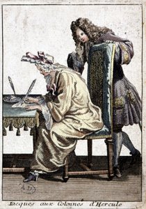 Vrouw in een hemd en slaapmuts die een brief schrijft met een man, n.d. ca. 1715
