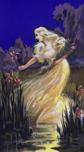 Vrouw plukt irissen (kleurenlitho)