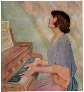 Vrouw die orgel speelt, 1924 (gravure)