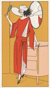 Vrouw met rode crêpejurk en witte hoed uit de jaren 1920 (kleurenlitho)