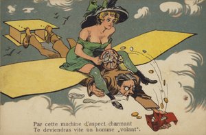 Vrouw met half ontbloot borstbeeld rijdt op een man/vliegtuig (kleurenlitho)