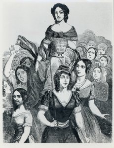 Vrouwen die Jeanne Deroin (1805-94) in Triomf dragen, uit Les Femmes Celebres, volume I, Parijs, Mazenod, 1848 door French School