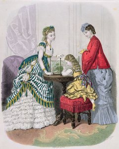 Vrouwen en een kind kijken naar een aquarium, uit La Mode Illustrée, ca. 1870 door French School