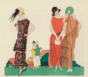 Ontwerpen van damesjurken uit de jaren 1920 door Premet en Christoph Drecoll. (kleurenlitho)